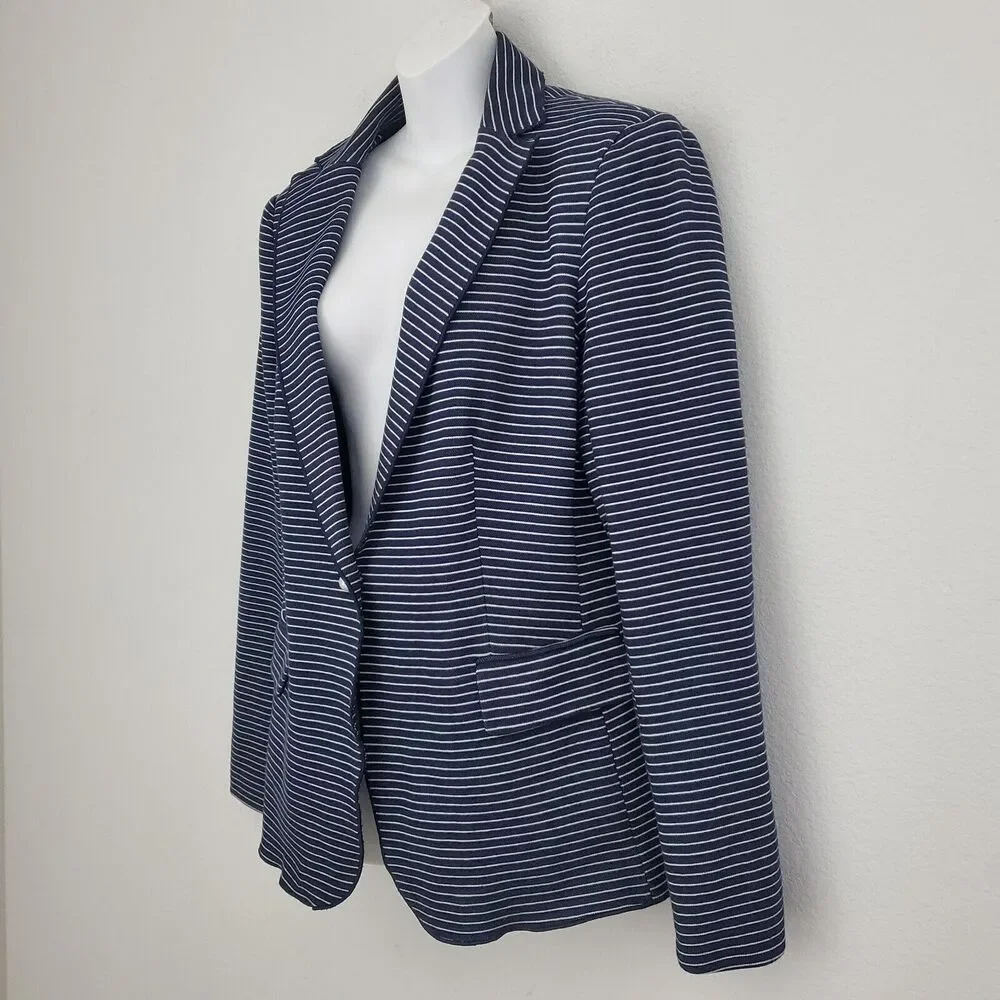 Tahari Women's Blazer 10 Blue Striped Pique Knit Pearls Nautical Business Office